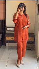 Rust Embroidered Cotton Co-Ord Set