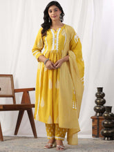 Women Yellow cotton kurta Pant with Dupatta set