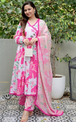 Pink Fuchsia Blossom Kurta Pant With Dupatta Set