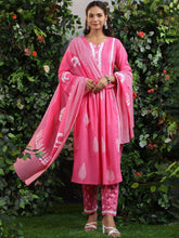 Women Pink cotton kurta Pant with Dupatta set