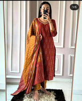 Ruby Red Heritage Kurta Pant Set With Dupatta