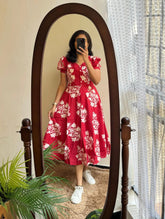 Red Blooms Floral Midi Dress