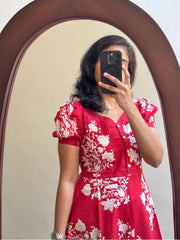 Red Blooms Floral Midi Dress