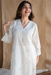 Dabu Cotton Slub White Kurta Set