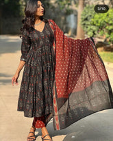 Alia Cut Black Cotton Kurta Pant With Dupatta Set