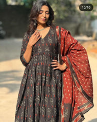 Alia Cut Black Cotton Kurta Pant With Dupatta Set