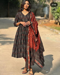Alia Cut Black Cotton Kurta Pant With Dupatta Set
