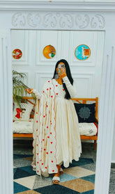 Red Hearts White Kurta Pant with Malmal dupatta Set