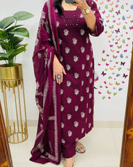Elegant Wine Kurta Pant and Dupatta Set