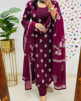 Elegant Wine Kurta Pant and Dupatta Set