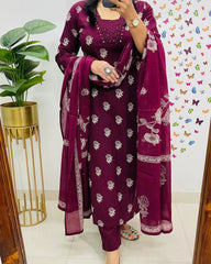 Elegant Wine Kurta Pant and Dupatta Set