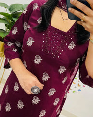 Elegant Wine Kurta Pant and Dupatta Set