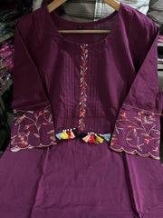 Wine Embroidered Cotton Kurta Set
