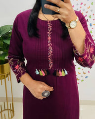 Wine Embroidered Cotton Kurta Set