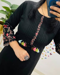 Black Embroidered Cotton Kurta Set