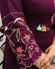 Wine Embroidered Cotton Kurta Set