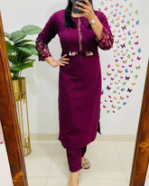 Wine Embroidered Cotton Kurta Set