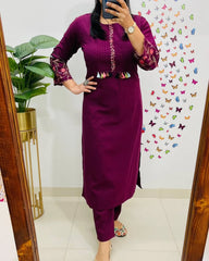 Wine Embroidered Cotton Kurta Set
