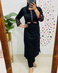 Black Embroidered Cotton Kurta Set