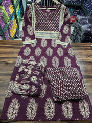 Traditional Cotton Embroidered Wine Kurta Pant Set with Dupatta
