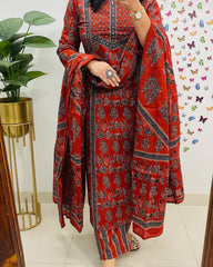Elegant Azrak Cotton Red Kurta Pant Set with Dupatta