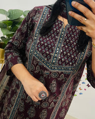Elegant Azrak Cotton Wine Kurta Pant Set with Dupatta