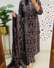 Elegant Azrak Cotton Wine Kurta Pant Set with Dupatta