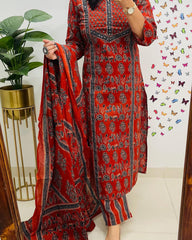 Elegant Azrak Cotton Red Kurta Pant Set with Dupatta