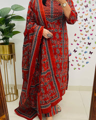 Elegant Azrak Cotton Red Kurta Pant Set with Dupatta