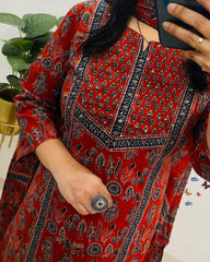 Elegant Azrak Cotton Red Kurta Pant Set with Dupatta