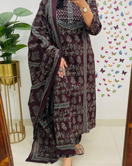Elegant Azrak Cotton Wine Kurta Pant Set with Dupatta