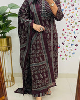 Elegant Azrak Cotton Wine Kurta Pant Set with Dupatta