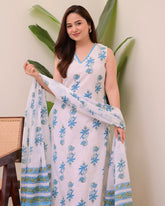 Handblock Cotton Blue Kurta Pant Set with Dupatta