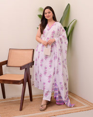 Handblock Cotton Pink Kurta Pant Set with Dupatta