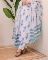 Handblock Cotton Blue Kurta Pant Set with Dupatta