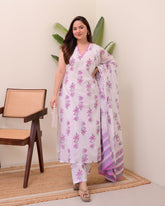 Handblock Cotton Pink Kurta Pant Set with Dupatta