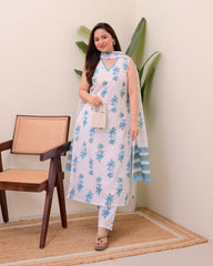 Handblock Cotton Blue Kurta Pant Set with Dupatta