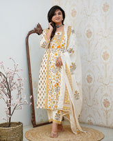 Yellow Floral Motif Printed Cotton kurta Pant Set with Dupatta
