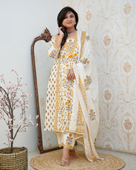 Yellow Floral Motif Printed Cotton kurta Pant Set with Dupatta