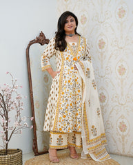 Yellow Floral Motif Printed Cotton kurta Pant Set with Dupatta