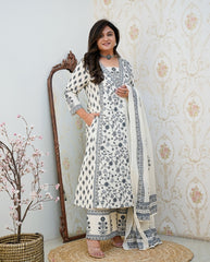 Grey Floral Motif Printed Cotton kurta Pant Set with Dupatta