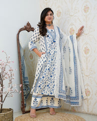 Blue Floral Motif Printed Cotton kurta Pant Set with Dupatta