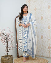 Blue Floral Motif Printed Cotton kurta Pant Set with Dupatta