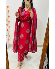 cotton dupatta set, Red kurta pant with dupatta, suitkari