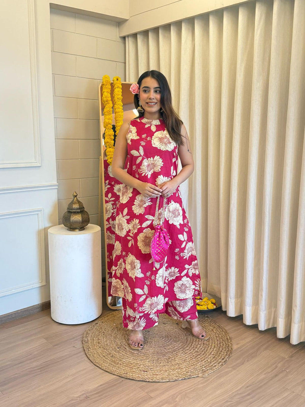 pink floral kurta set, cotton kurta set, suitkari