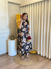 Ethnic Black Floral Sleeveless Kurta Set