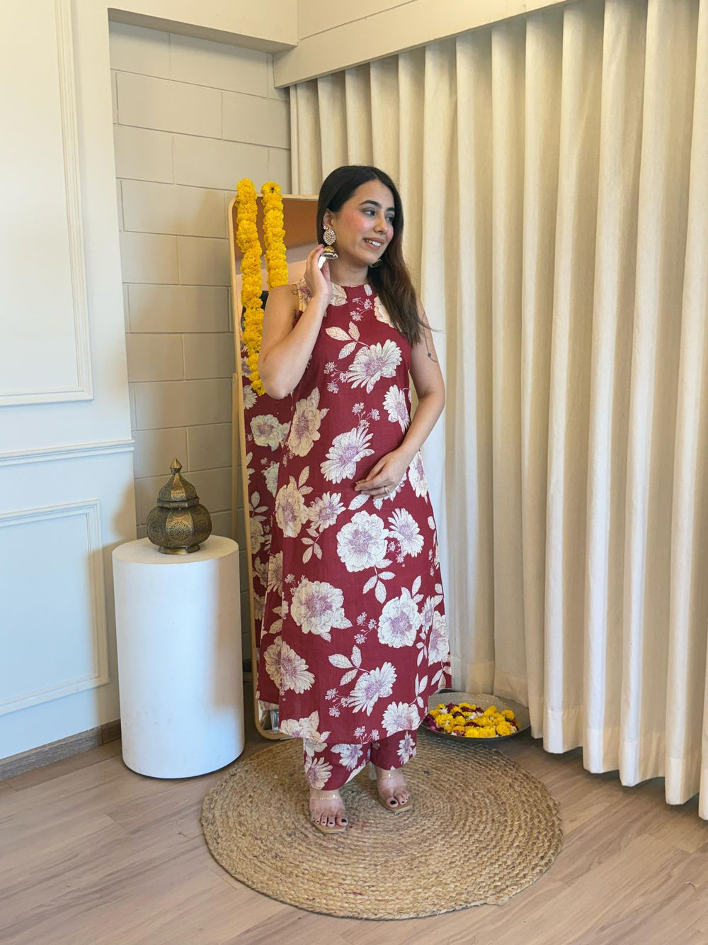 maroon kurta set, cotton kurta set, suitkari