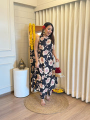 Ethnic Black Floral Sleeveless Kurta Set