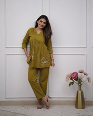 mustard yellow co-ord set, cotton co-ord set, suitkari