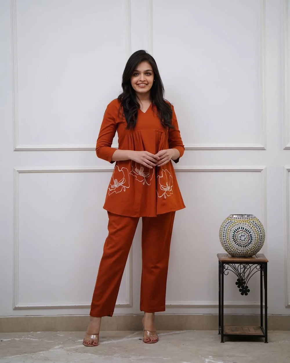cotton co-ord set, orange co-ord set, suitkari